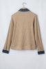 Beige Ribbed Knit Denim Patchwork Button Polo Collar Cuffed Long Sleeve Top by Wild and Free Boutique
