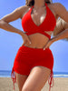 Coastal Curve Halter Bikini Set for Women – V-Neck Crisscross Drawstring Swimsuit with Chic Ring Detail & High-Waisted Boxer Shorts for Summer – Sleek Two-Piece Nylon Swimwear for Women’s Beach & Poolside Style by Stevvex