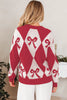 Red Bow Print 2-tone Rhombus Knit Loose Sweater by Wild and Free Boutique