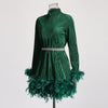 Fashion Retro Style Niche Spring Stand Collar Long Sleeve Chain Feather Dress