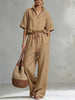 Women's Zip-Up Crew-Neck Top & Wide-Leg Pants Set by FitiqueFit