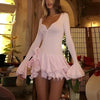 Deep V-Neck Ruffle-Hem Flared-Sleeve Mini Dress — Button-Front Bodycon by FitiqueFit