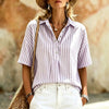 Women's Striped Short-Sleeve Shirt with Turn-Down Collar by FitiqueFit
