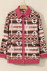 Retro Unique Geometric Print Corduroy Trim Button-Up Jacket Classic Modern Deep Rose Jacket by Stevvex
