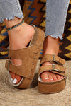 Beige Suede Buckle Decor Corky Platform Sandals