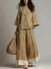 Women's Cotton-Linen V-Neck 3/4 Sleeve Shirt & Wide-Leg Pants Set by FitiqueFit