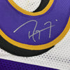 Framed Autographed/Signed Ray Lewis 35x39 Baltimore Split Purple White Football Jersey JSA COA