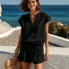 Women's Casual Linen Two-Piece Set — Short Sleeve Top & Shorts by FitiqueFit