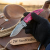 Persian Damascus Folding Knife Set 7” opened Pink & Blue Pakka Wood EDC Blades by JW SteelCrafts