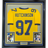 Framed Autographed/Signed Aidan Hutchinson 35x39 Michigan Yellow College Football Jersey Beckett BAS COA