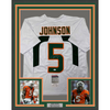 Framed Autographed/Signed Andre Johnson 35x39 Miami White College Football Jersey JSA COA