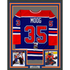 Framed Autographed/Signed Andy Moog 35x39 Edmonton Blue Hockey Jersey JSA COA by Hall of Fame Sports Memorabilia