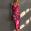 Carmine Red Backless Halter Maxi Dress – Printed High-Slit Slim-Fit Long Dress for Women by FitiqueFit