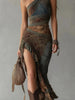 Retro Patchwork Print Asymmetric Slip Dress – High-Waist High-Slit Boho Maxi Dress by FitiqueFit