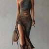 Retro Patchwork Print Asymmetric Slip Dress – High-Waist High-Slit Boho Maxi Dress by FitiqueFit