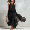 Black Asymmetrical Chiffon Maxi Dress – Flowy Sleeveless Boho A-Line Long Dress for Women by FitiqueFit