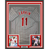 Framed Autographed/Signed Barry Larkin 35x39 Cincinnati Grey Pinstripe Baseball Jersey Beckett BAS COA