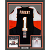 Framed Autographed/Signed Bernie Parent 35x39 Philadelphia Black Hockey Jersey JSA COA