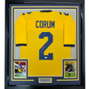Framed Autographed/Signed Blake Corum 35x39 Michigan Yellow College Football Jersey Beckett BAS COA