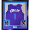 Framed Autographed/Signed Muggsy Bogues 35x39 Charlotte Purple Modern Basketball Jersey Beckett BAS COA by Hall of Fame Sports Memorabilia