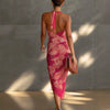 Carmine Red Backless Halter Maxi Dress – Printed High-Slit Slim-Fit Long Dress for Women by FitiqueFit