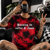 Coffee & chaos embroidered tie dye T-shirt by Madness & Mayhem LLC