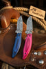 Persian Damascus Folding Knife Set 7” opened Pink & Blue Pakka Wood EDC Blades by JW SteelCrafts