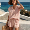 Women's Casual Linen Two-Piece Set — Short Sleeve Top & Shorts by FitiqueFit