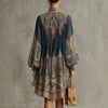 Navy Blue Printed Puff Sleeve Stand Collar Dress – Loose Boho Asymmetric Hem Dress for Women by FitiqueFit