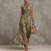 Green Graffiti Print Mesh Suspender Maxi Dress – High-Waist Irregular Slit Streetwear Dress by FitiqueFit