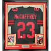 Framed Autographed/Signed Christian McCaffrey 35x39 San Francisco Black Football Jersey JSA COA