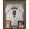 Framed Autographed/Signed Cal Ripken Jr. 35x39 Baltimore White Baseball Jersey Beckett BAS COA
