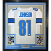 Framed Autographed/Signed Calvin Johnson 35x39 HOF 21 Detroit White Football Jersey JSA COA