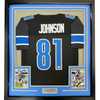 Framed Autographed/Signed Calvin Johnson 35x39 HOF 21 Detroit Black Football Jersey JSA COA