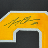 Framed Autographed/Signed Gerry Cheevers 35x39 Boston Black Hockey Jersey JSA COA