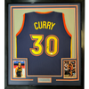 Framed Autographed/Signed Stephen Steph Curry 35x39 Golden State Navy Blue Throwback Basketball Jersey JSA COA