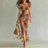 V-Neck Waist-Cinched Ruffle Hem Maxi Dress – Bodycon Long Dress in Orange by FitiqueFit