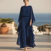 Deep Blue Ruffle Wide-Leg Pants Set – Elegant Two-Piece Batwing Sleeve Outfit for Women by FitiqueFit