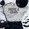 Coffee & chaos embroidered color blast tshirt by Madness & Mayhem LLC