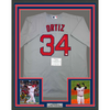 Framed Autographed/Signed David Ortiz 35x39 Boston Red Sox Grey Baseball Jersey Fanatics COA