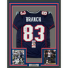 Framed Autographed/Signed Deion Branch 35x39 #83 New England Blue Football Jersey JSA COA