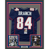 Framed Autographed/Signed Deion Branch 35x39 New England Blue Football Jersey JSA COA