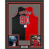 Framed Autographed/Signed Dennis Rodman 35x39 Chicago Split Red/Black Basketball Jersey Beckett BAS COA