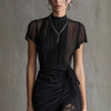 Black Lace Patchwork Slit Midi Dress – Slim-Fit High-Waist See-Through Dress for Women by FitiqueFit