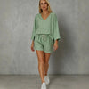 Women's Loose V-Neck Long Sleeve Striped Shorts Set – Casual Leisure by FitiqueFit