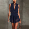 Lace Spliced V-Neck Mini Dress – Sleeveless High-Waist Ruffle Dress for Women by FitiqueFit