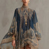 Navy Blue Printed Puff Sleeve Stand Collar Dress – Loose Boho Asymmetric Hem Dress for Women by FitiqueFit