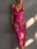 Carmine Red Backless Halter Maxi Dress – Printed High-Slit Slim-Fit Long Dress for Women by FitiqueFit