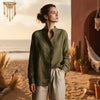 Women's Loose Cotton Linen Long Sleeve Shirt — Flip Collar by FitiqueFit