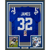 Framed Autographed/Signed Edgerrin James 35x39 Indianapolis Blue Football Jersey JSA COA